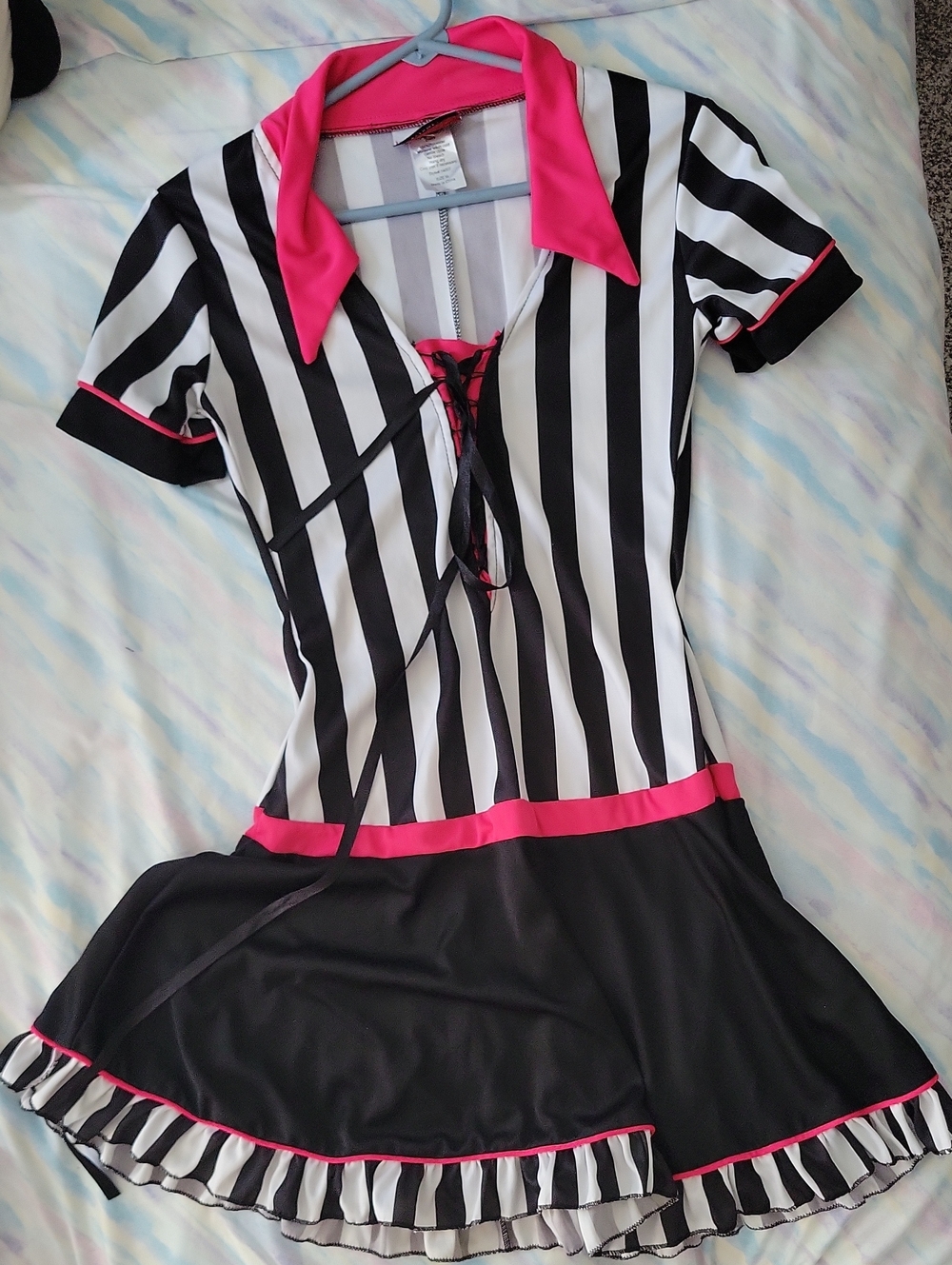 Referee Costume Women's Black & White Striped Dress with Hot Pink Trim